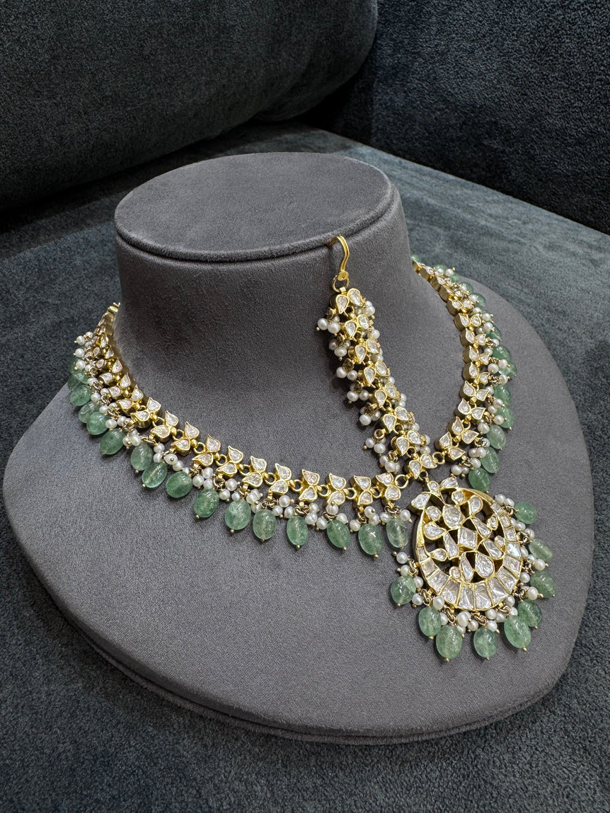 925 Silver Pastel Green Heavy Polki Matha Patti