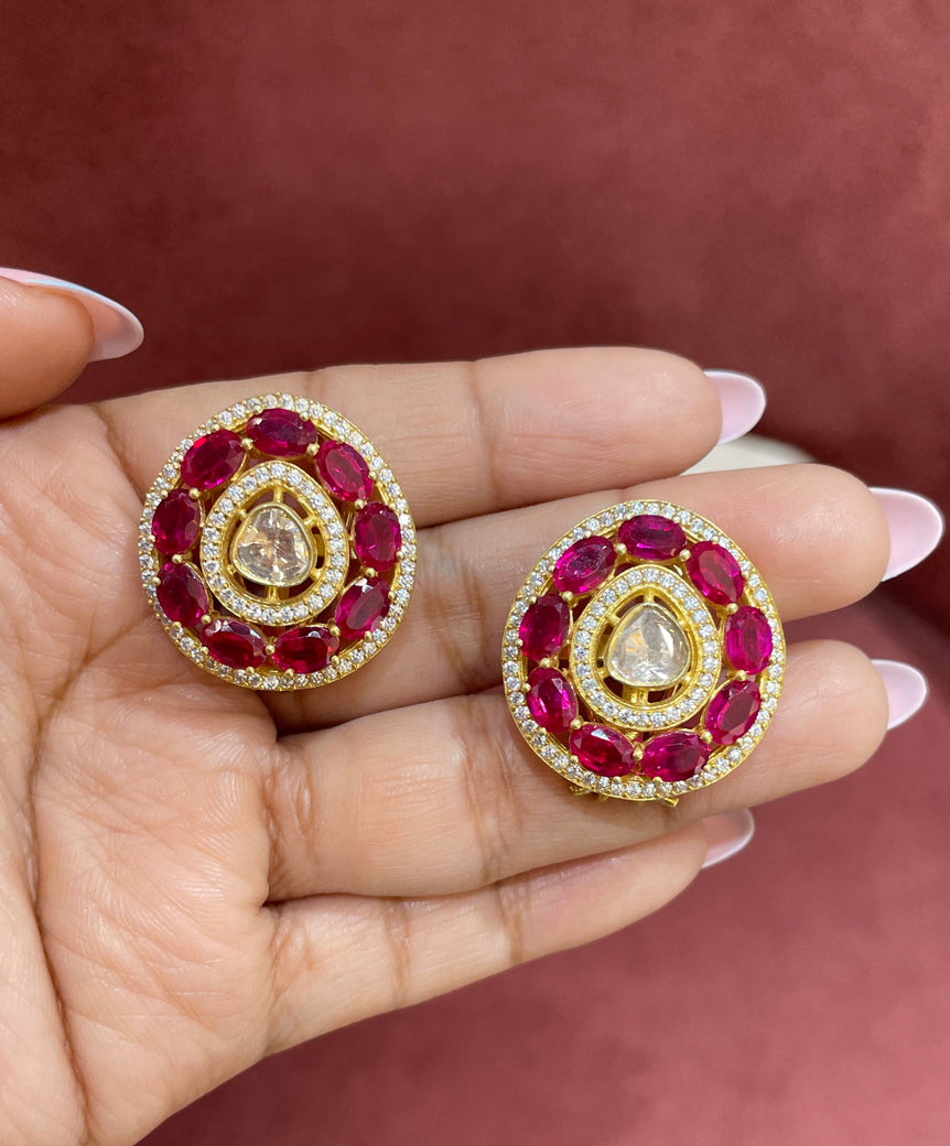925 Silver Elegant Ruby & Polki Earrings