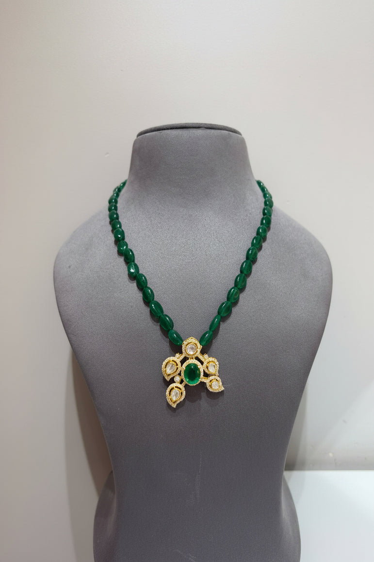 Emerald Shield Moissanite Polki Pendant Set