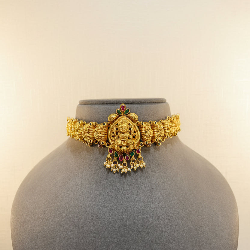 Royal Divine Goddess Laxmi Crest Gold Look Choker