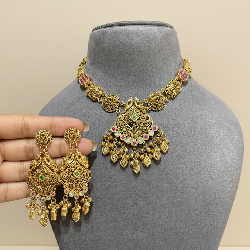 Antique Gold Nakshi Peacock Medallion & Ghungroo Set
