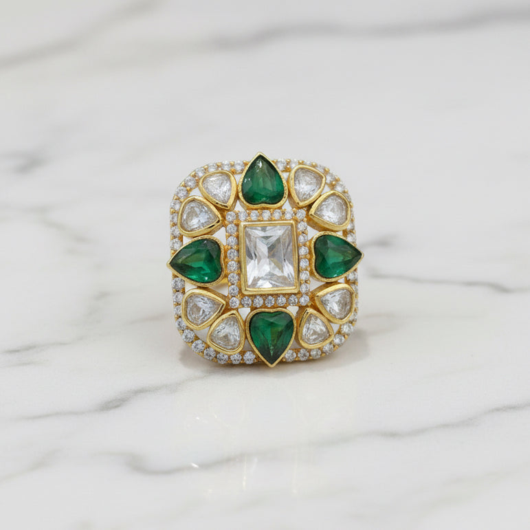 Square Floral Emerald Moissanite Polki Medallion Ring