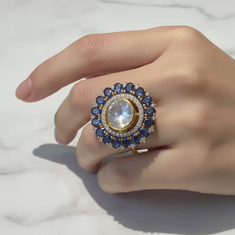 Sapphire Blue Halo Moissanite Polki Statement Ring