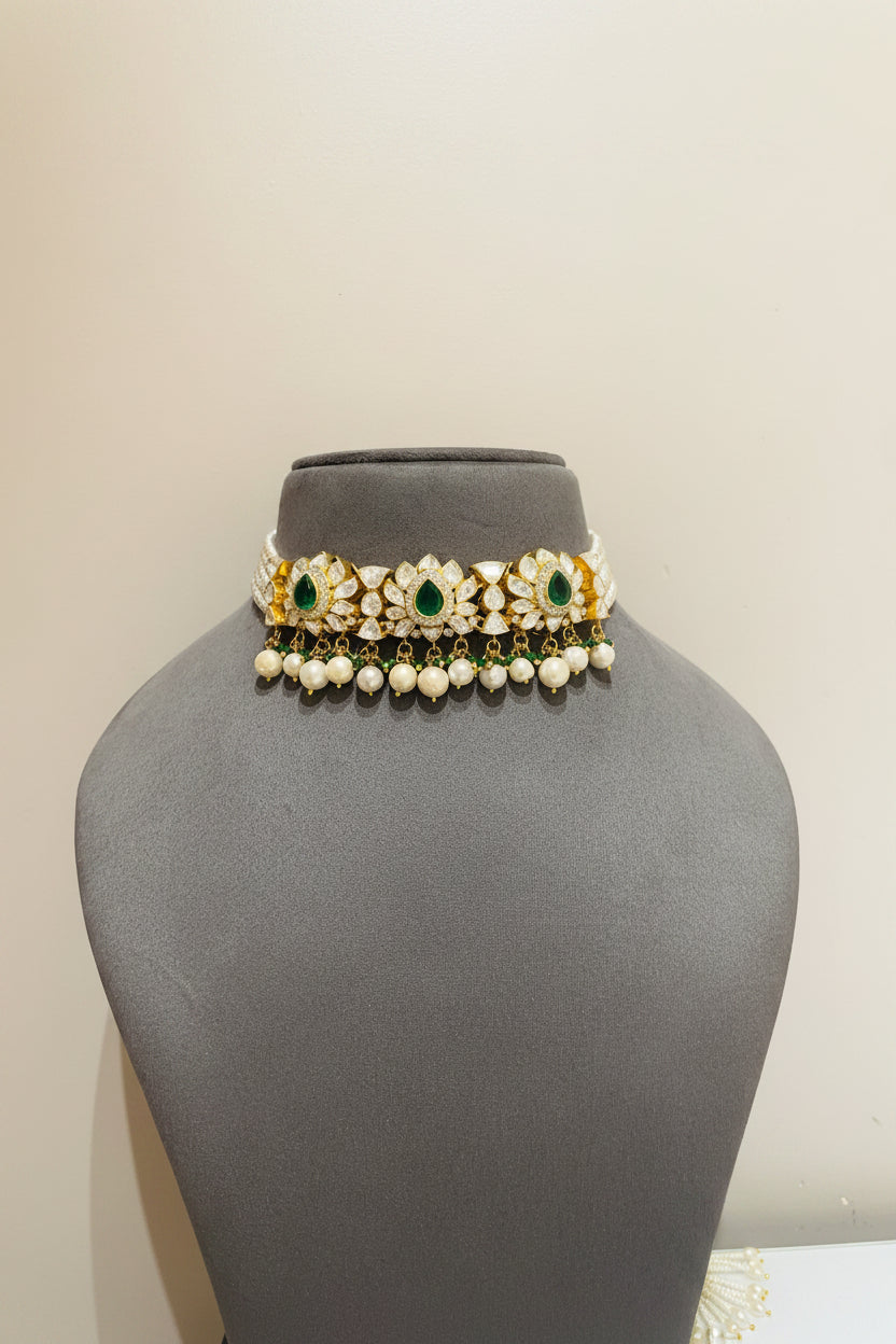 Emerald Lotus Moissanite Polki Choker