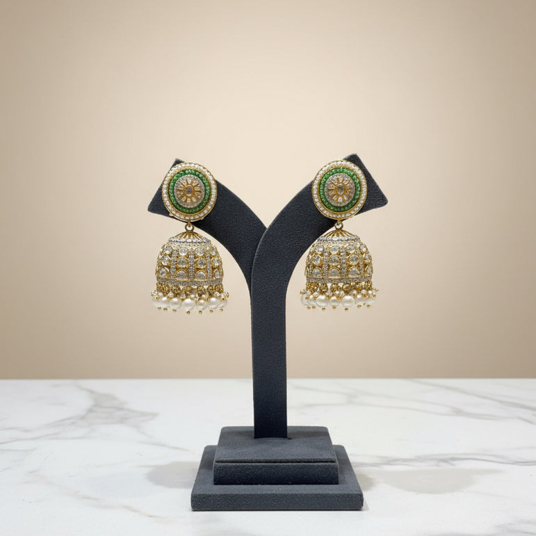 Green Halo Stud & Pavé Grid Polki Jhumki Earrings
