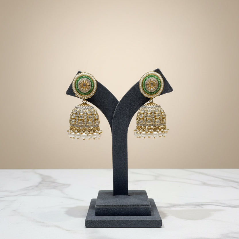 Green Halo Stud & Pavé Grid Polki Jhumki Earrings