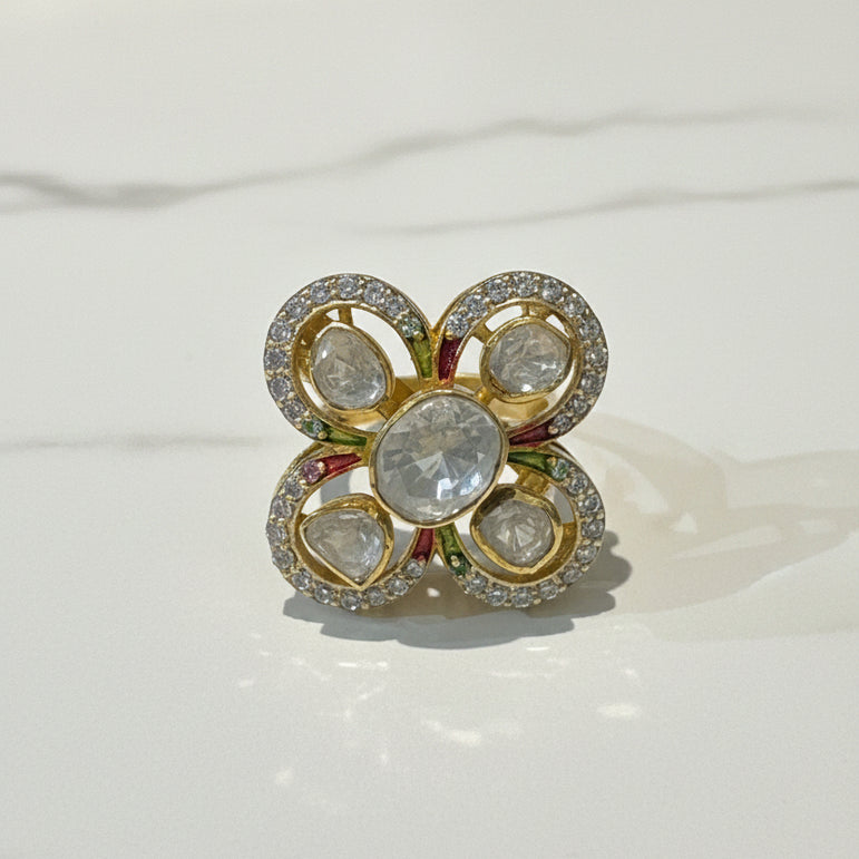 Floral Clover Moissanite Polki Ring