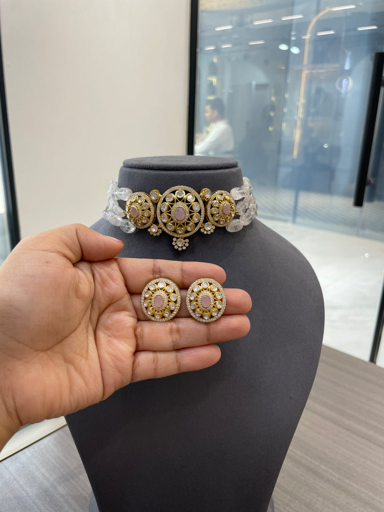 925 Silver Polki With Pinkish Stone Choker Set