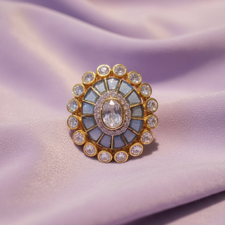Royal Oval Polki & Midnight Blue Glass Statement Ring