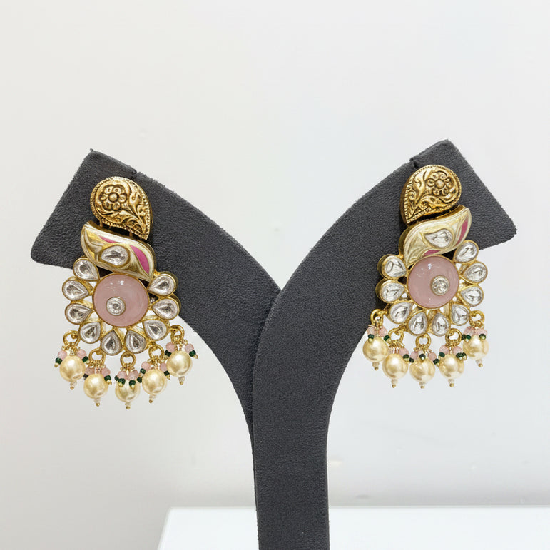 Pastel Pink Meenakari & Rose Quartz Cabochon Moissanite Polki Long Set