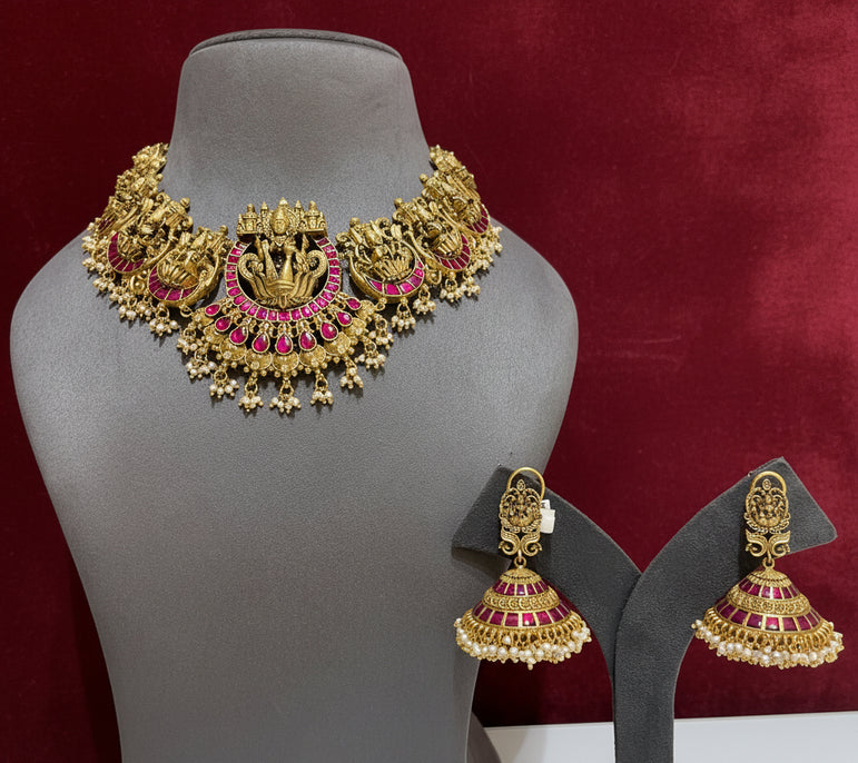 Goddess Lakshmi Antique Gold Plated Nakshi Set