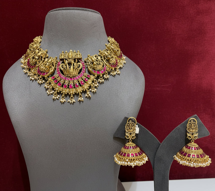 Goddess Lakshmi Antique Gold Plated Nakshi Set