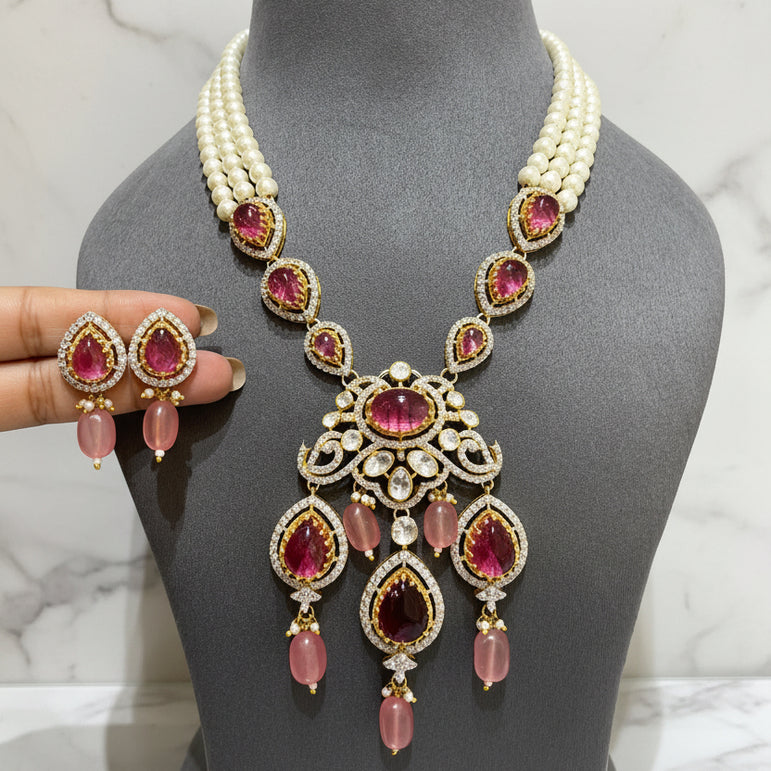 Pink Tourmaline / Rubellite & Moissanite Polki Set in