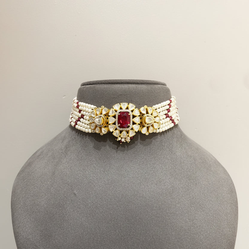 Multi-Strand Pearl & Ruby-Red Cushion Moissanite Polki Choker