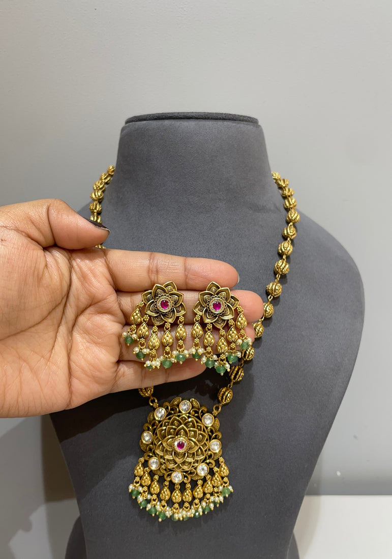 925 Silver Kamal Phool Real Gold Antique Look Necklace Set