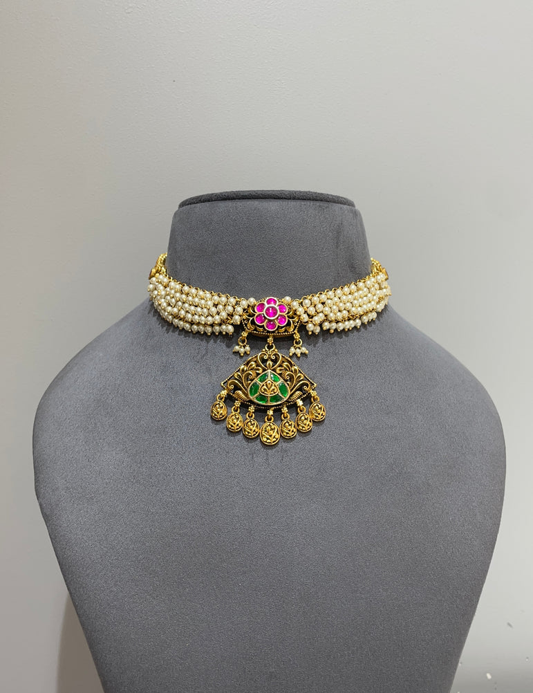 925 Silver Pearly & Ruby Antique Choker Set with 22kt Gold Plated