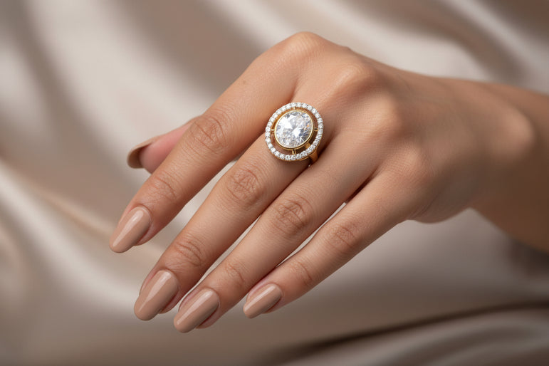Pave Halo Round Moissanite Polki Ring