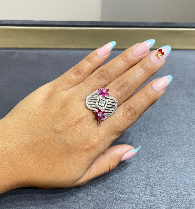 925 Silver American Pink Floral Diamond Ring