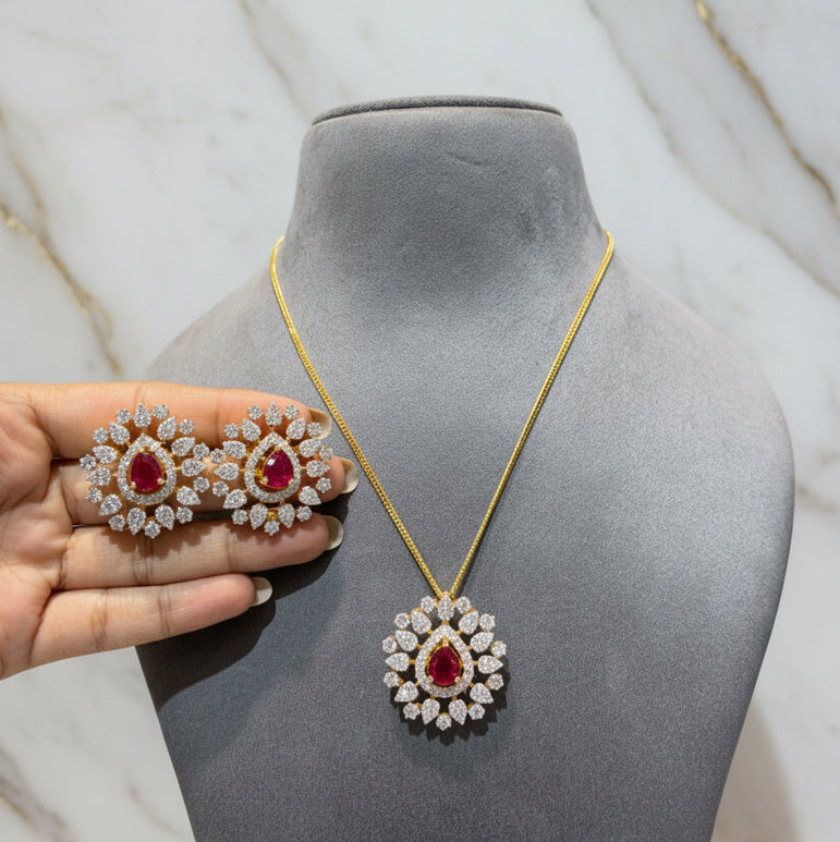 Interchangeable Gemstone Teardrop Sunburst Diamond Look Pendant Set