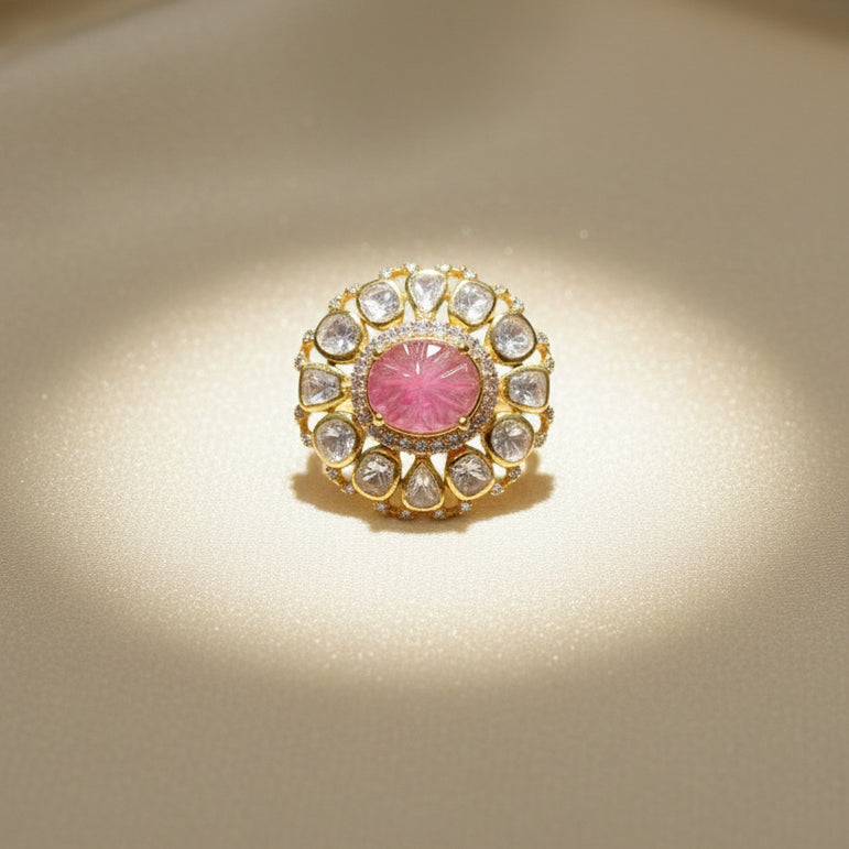 Pink Oval Moissanite Polki Statement Ring