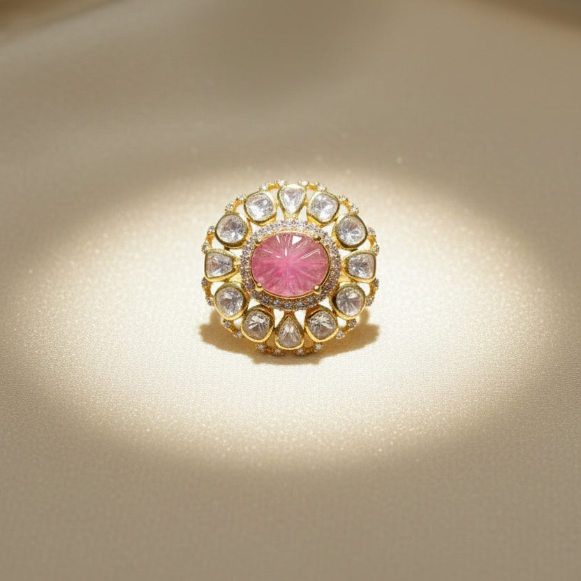Pink Oval Moissanite Polki Statement Ring