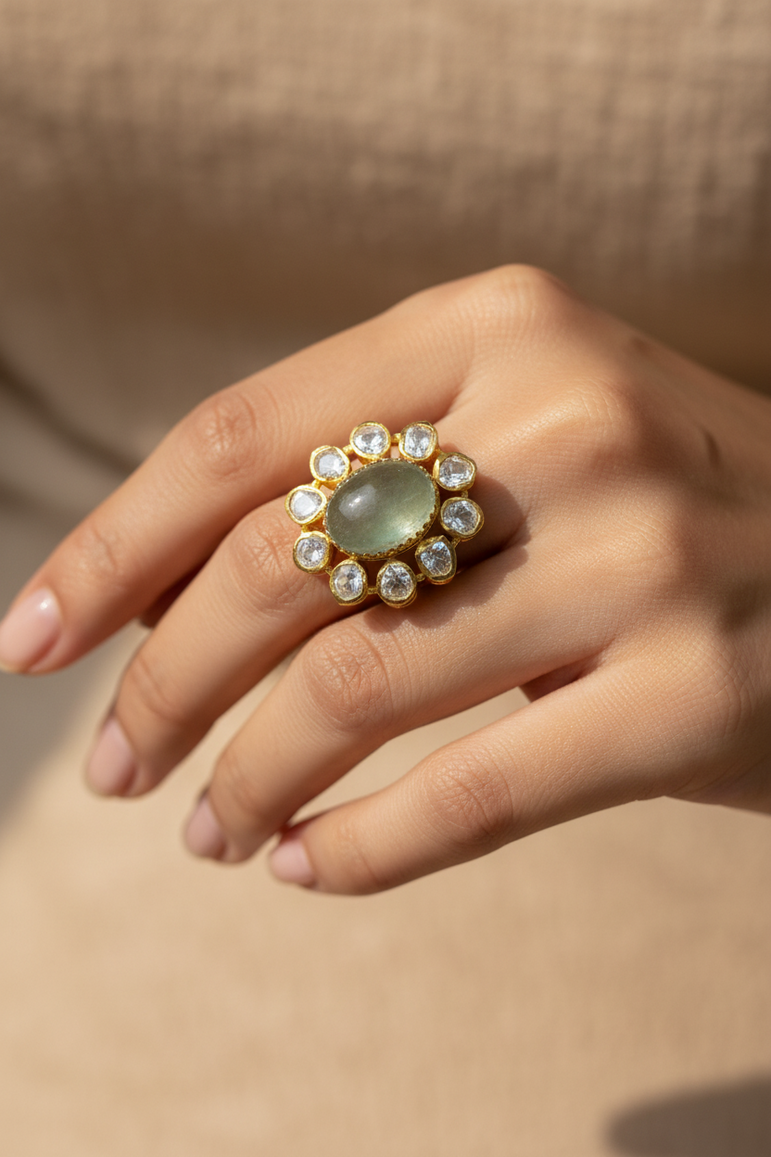 Aqua Oval Gemstone Moissanite Polki Ring