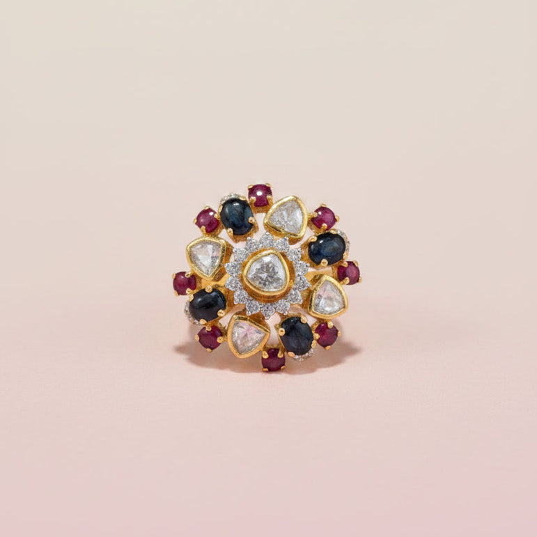 Multi-Gemstone Medallion Moissanite Polki Statement Ring