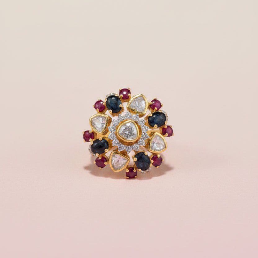Multi-Gemstone Medallion Moissanite Polki Statement Ring