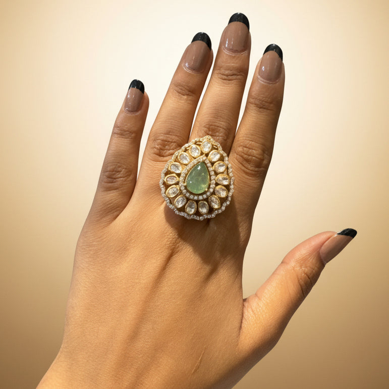 Green Aventurine Cabochon & Moissanite Polki Statement Ring