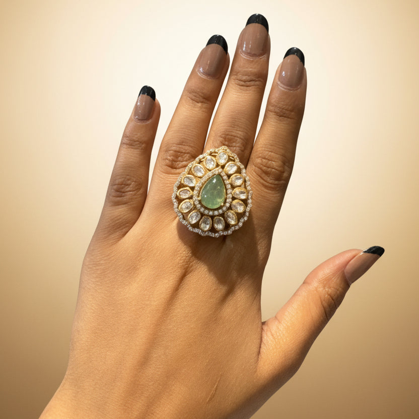 Green Aventurine Cabochon & Moissanite Polki Statement Ring