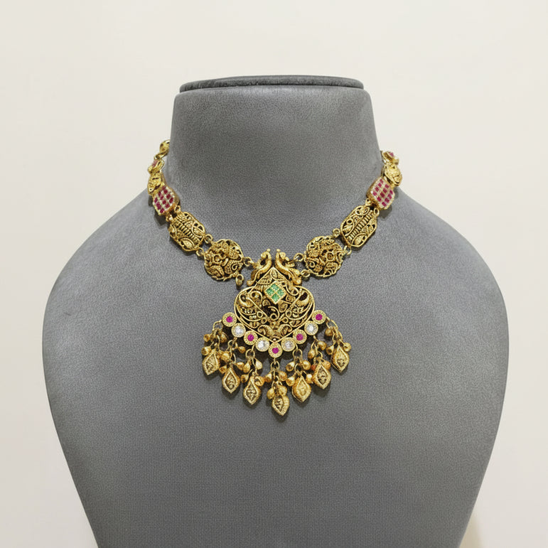 Antique Gold Nakshi Peacock Medallion & Ghungroo Set