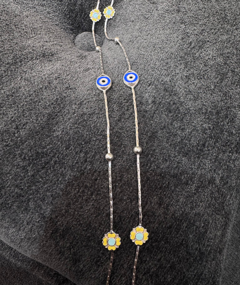 BEAUTIFUL EYE EVIL AND YELLOW FLOWER WORK PURE SILVER ANKLET ( 1 PAIR )