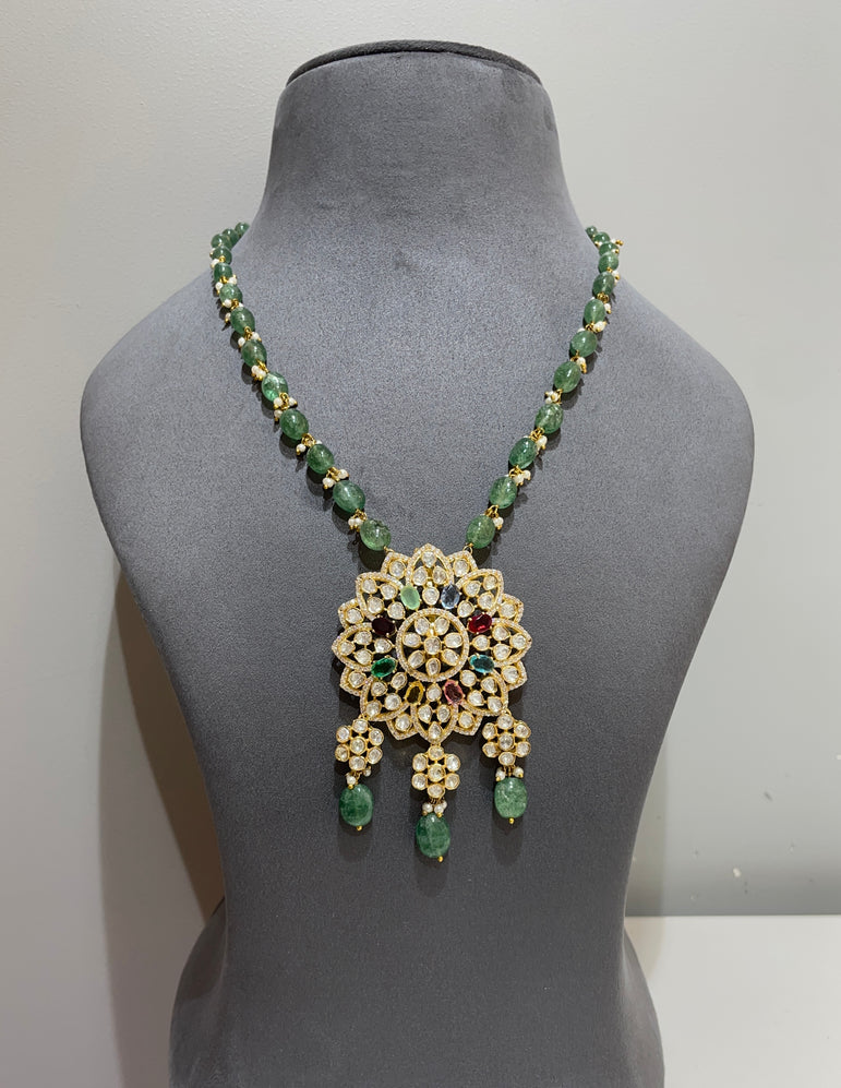 925 Silver Floral Navrattan & Polki Pendant