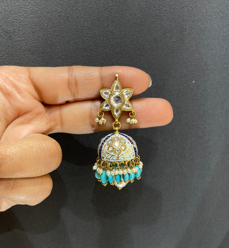 925 Silver Tarquoise Enamel Polki Jhumka Earrings