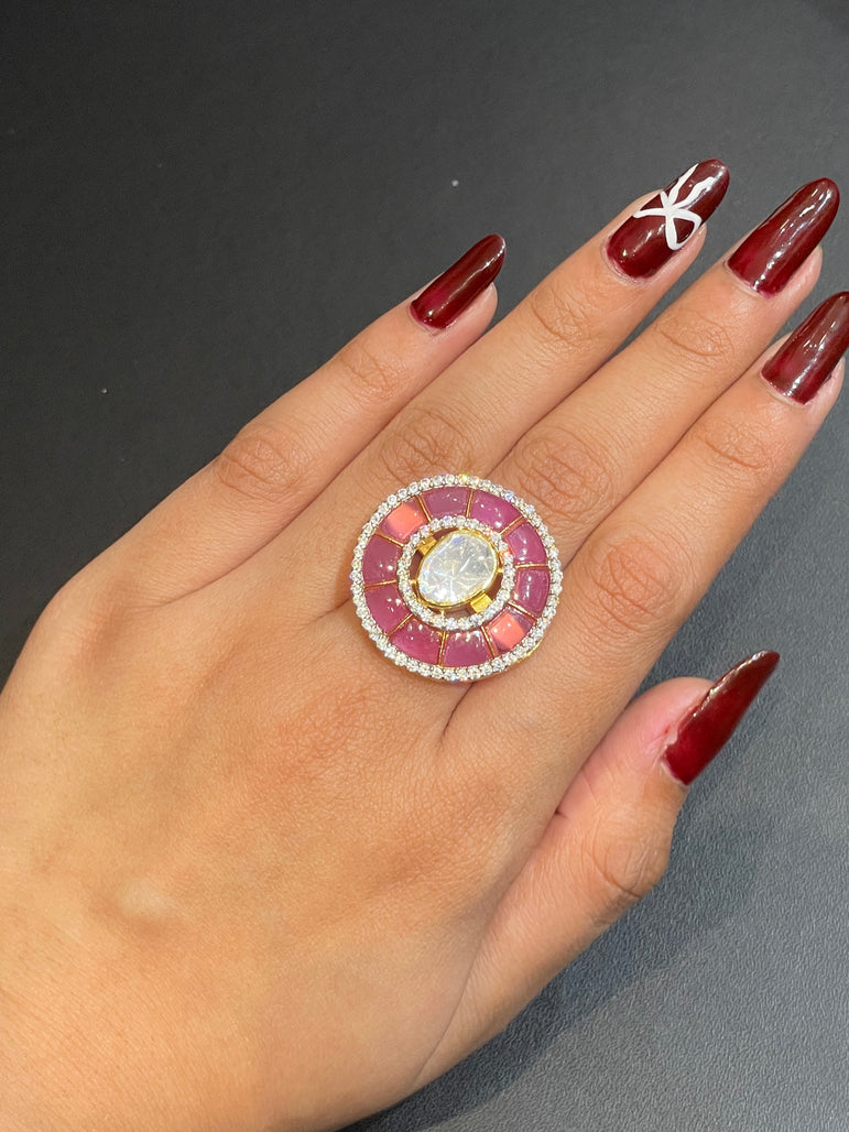 Circular Pink Stone and Crystal Statement Ring