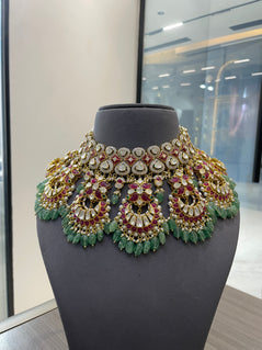 925 Silver Adhirani Ruby Pallav Heavy Bridal Necklace Set