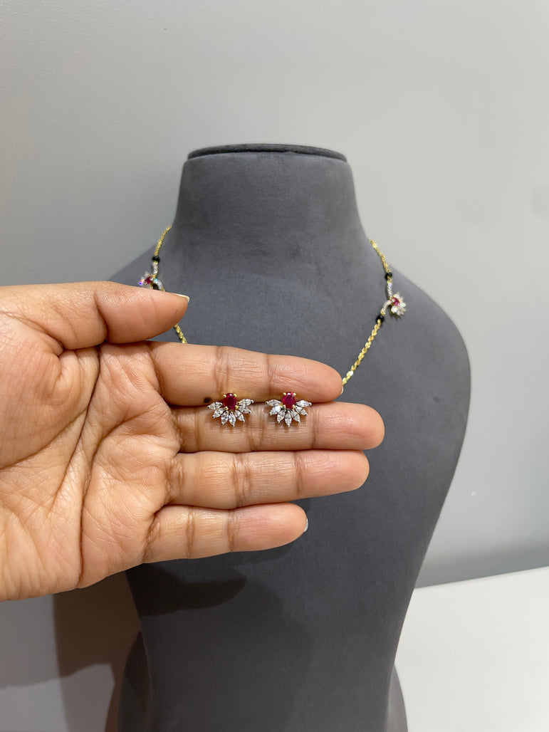 925 Silver Ruby Floral Tanmaniya Style Pendant Set