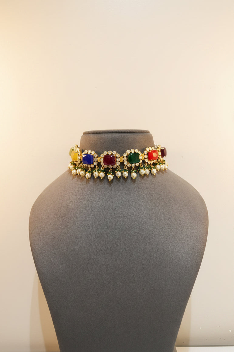 Navratna Cushion-Cut Moissanite Polki Choker