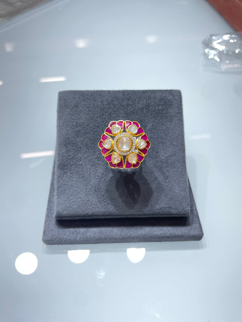 Pink Petal Moissanite Polki Statement Ring