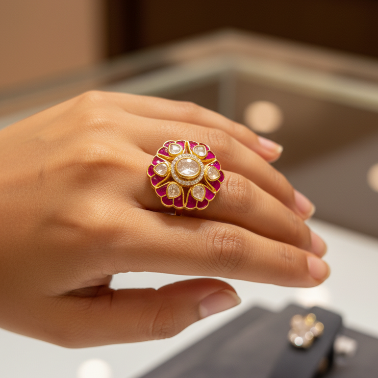 Pink Petal Moissanite Polki Statement Ring