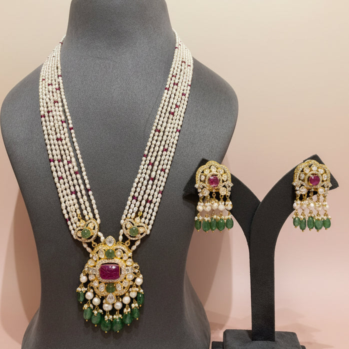 Royal Carved Ruby & Emerald Polki Pendant Long Set
