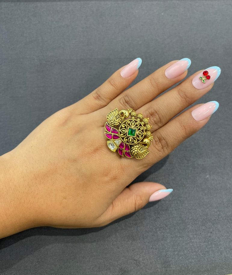 925 Silver Peacock Design Antique Gold Look Ring