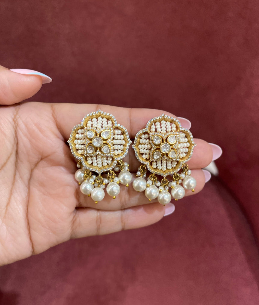 925 Silver Polki and Pearl Petals Earrings