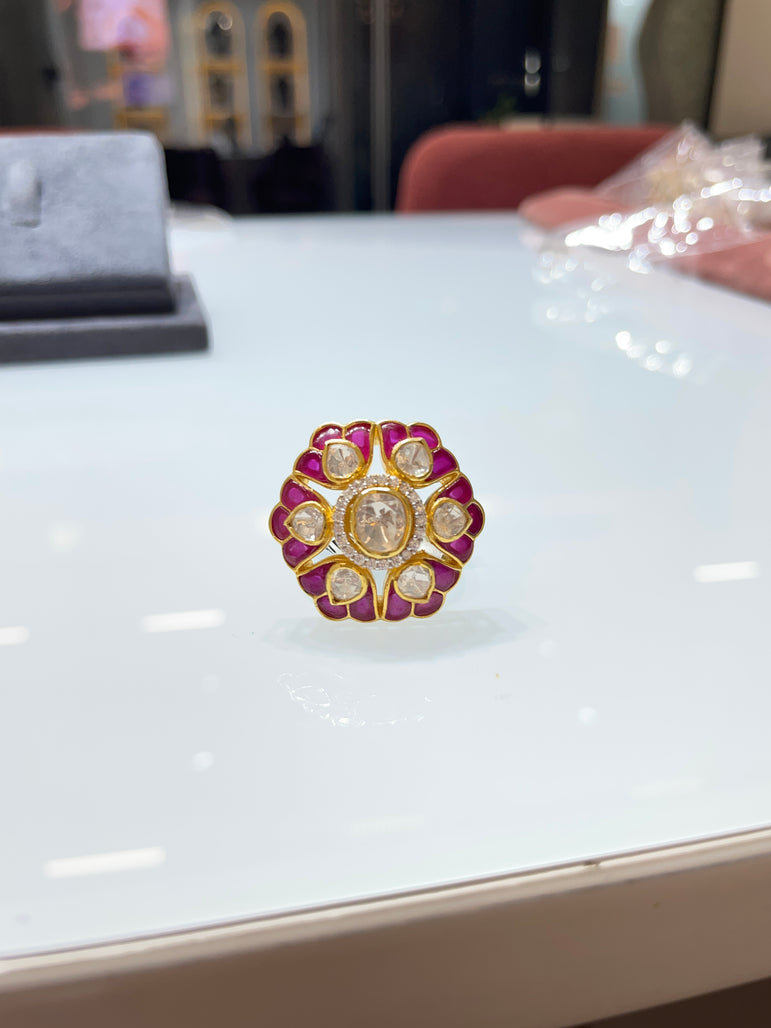 Pink Petal Moissanite Polki Statement Ring