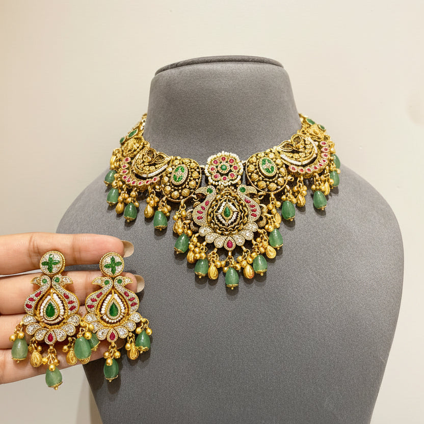 Antique Gold Nakshi Peacock Medallion & Emerald Bead Set