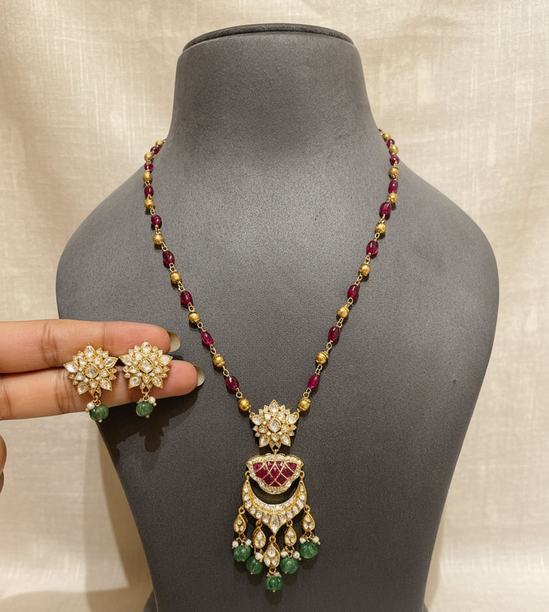 Royal Crimson Enamel Crescent Polki Pendant Set