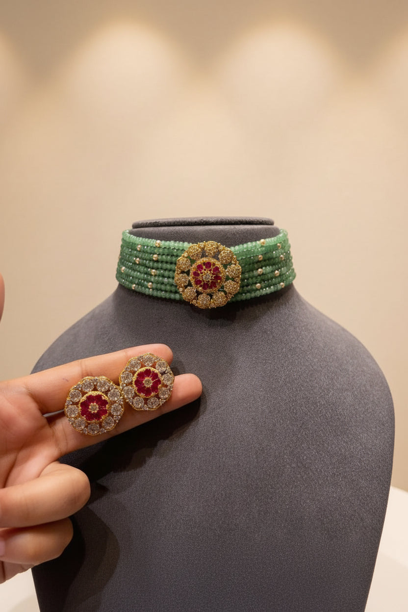 Royal Mandala Diamond & Green Bead Choker