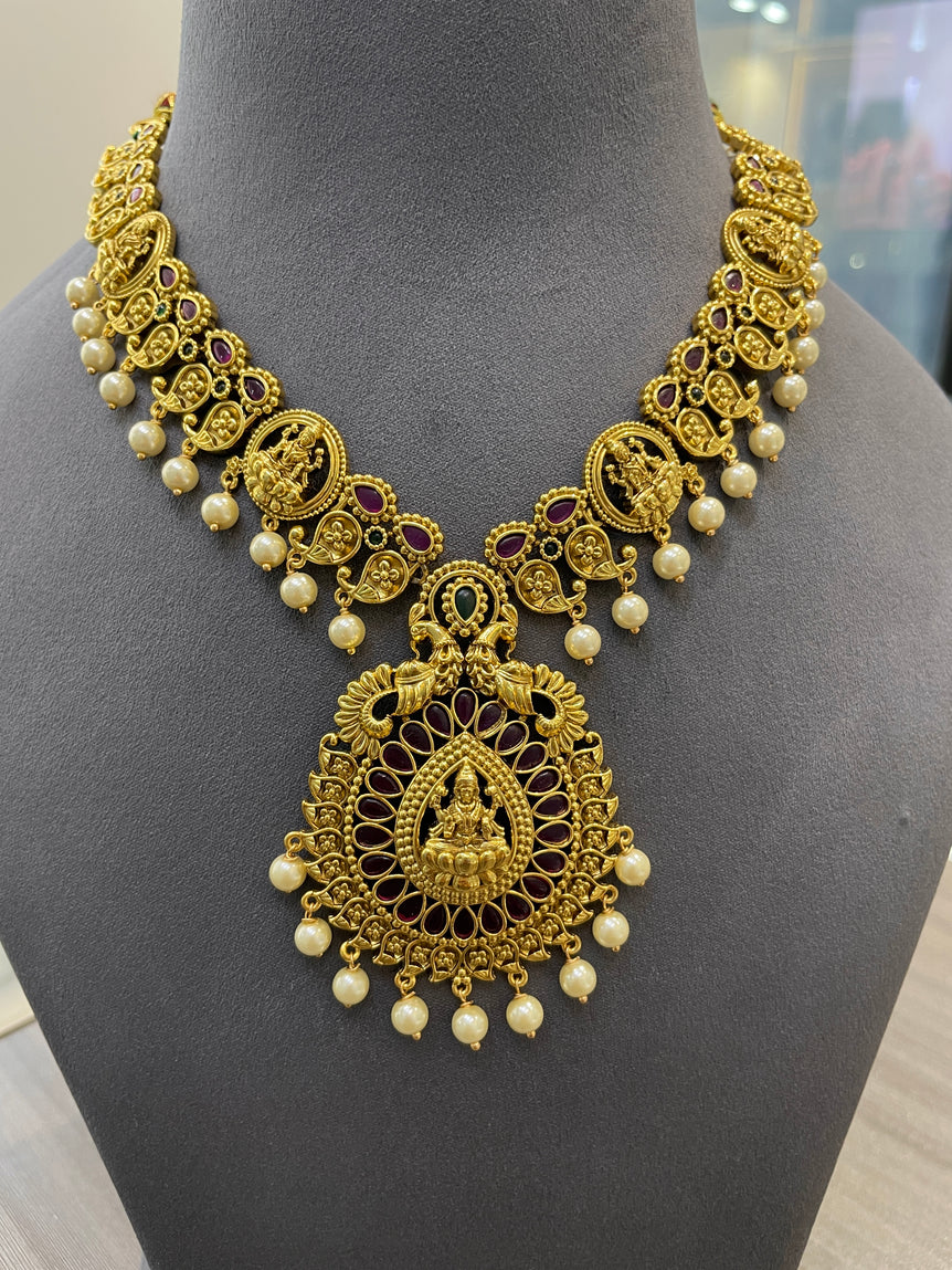 925 Silver Lakshmi Ji Real Gold Look Necklace Set