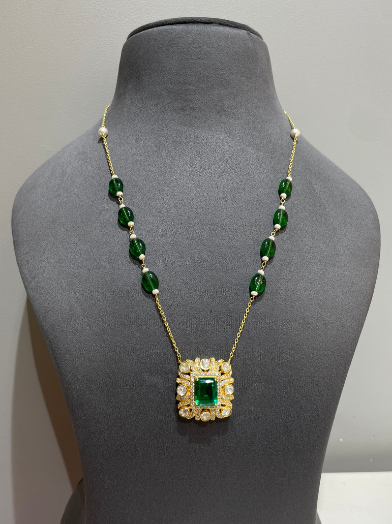 925 Silver Traditional Emerald Polki Pendant