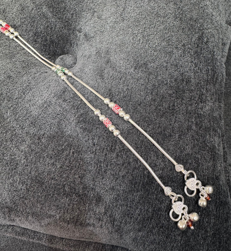 GREEN AND RED COLOR WORK PURE SILVER ANKLET ( 1 PAIR )